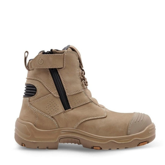 Tan boot with a black zipper on a white background