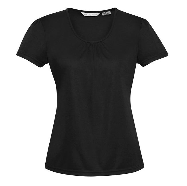 Black womens easy care gathered neckline Biz Collection K315LS Womens Chic Top