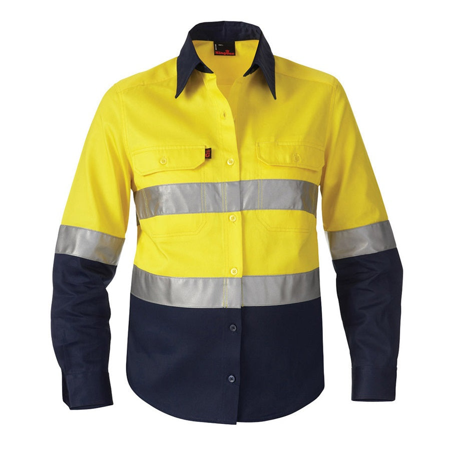 Yellow and navy work shirt with reflective stripes on a white background
