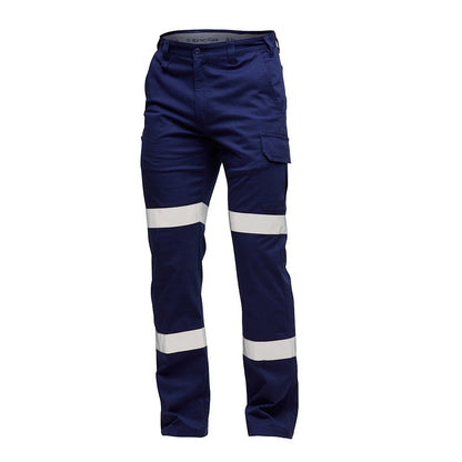 Navy blue work pants with reflective white stripes on a white background