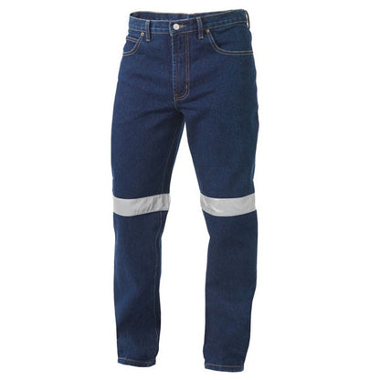 Blue jeans with reflective stripes on a white background