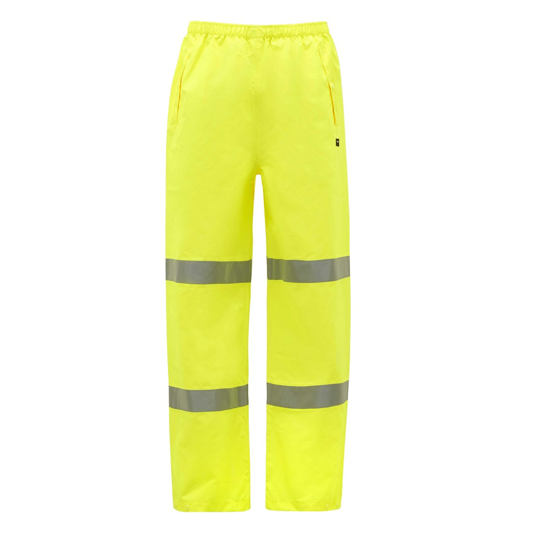 High-visibility yellow pants with reflective stripes on a white background