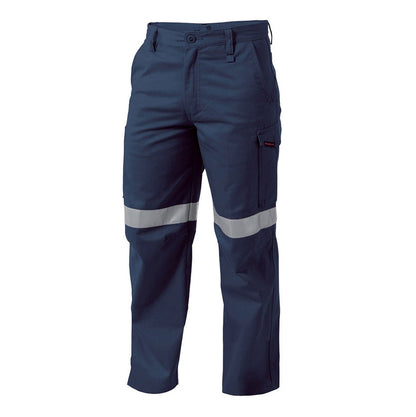 Navy blue work pants with reflective stripes on a white background