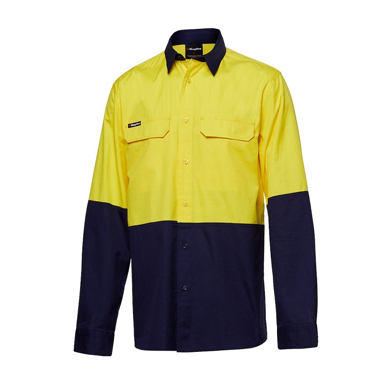 Yellow and navy work shirt on a white background