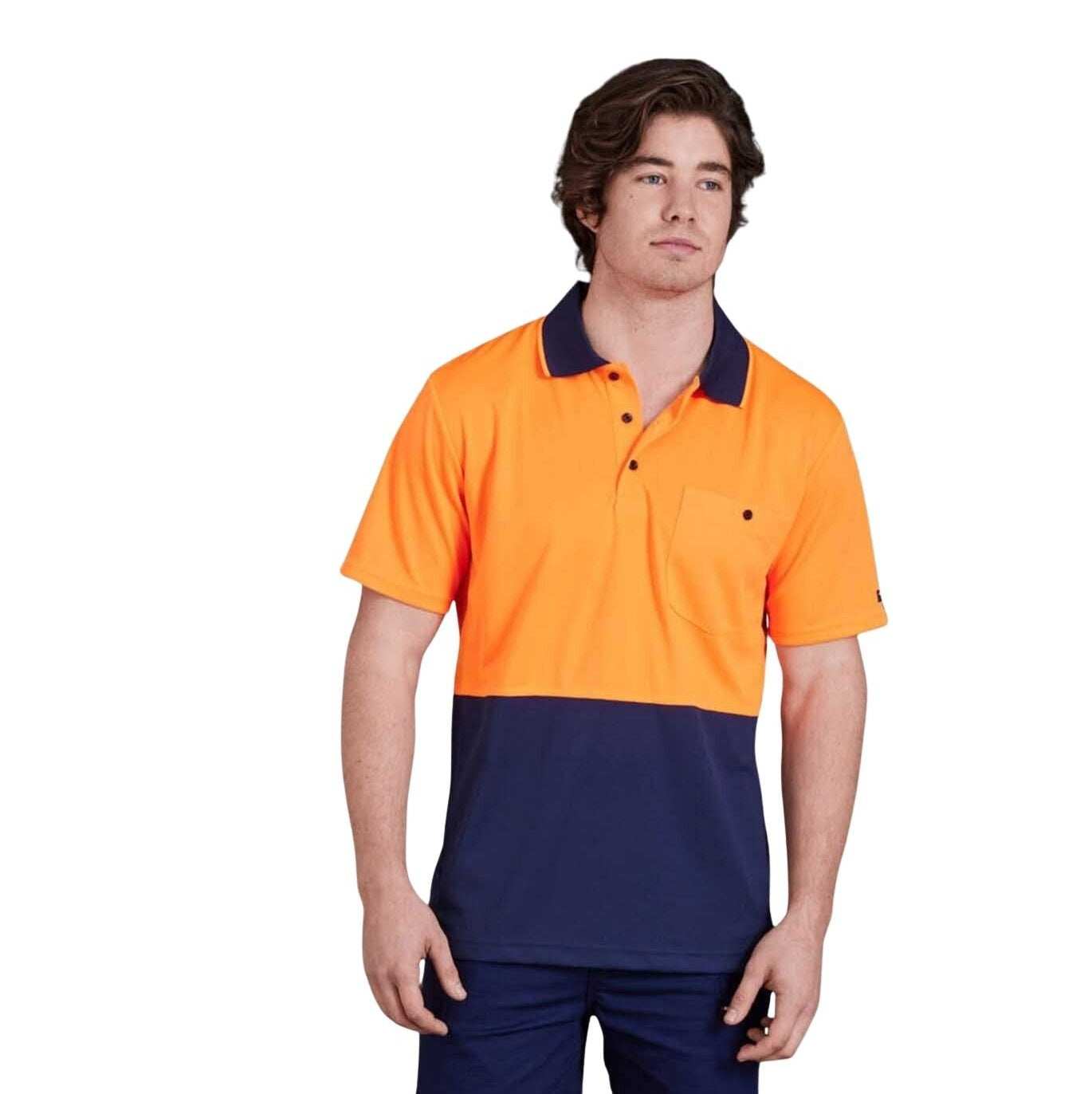 A hi-vis spliced polo shirt with short sleeves, featuring a orange upper half and navy lower half with a collar and button closure at the chest.