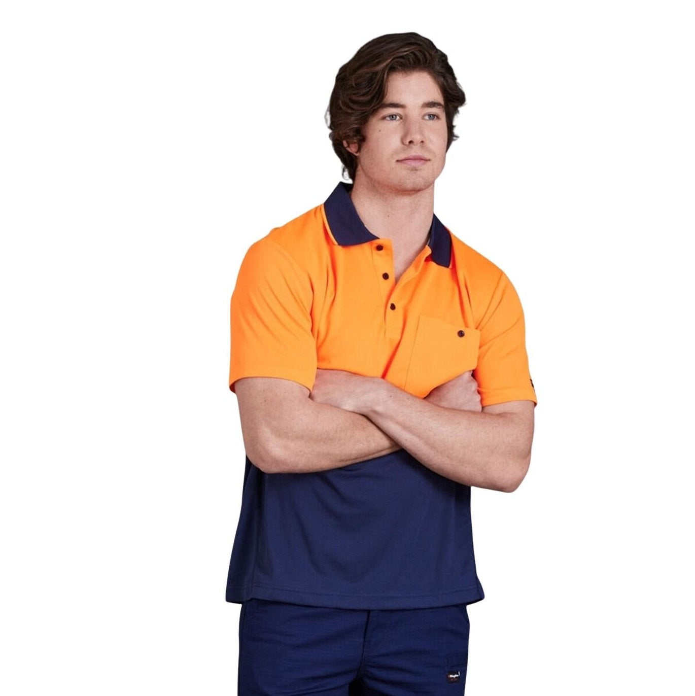 A hi-vis spliced polo shirt with short sleeves, featuring a orange upper half and navy lower half with a collar and button closure at the chest.