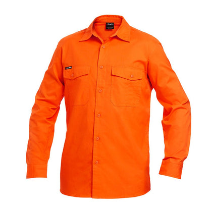 Orange work shirt with two front pockets on a white background