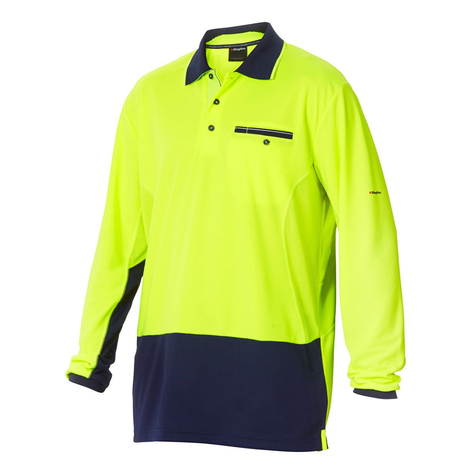KingGee K54840 Workcool HiVis Spliced Polo Long Sleeve - Yellow/Navy - Front View