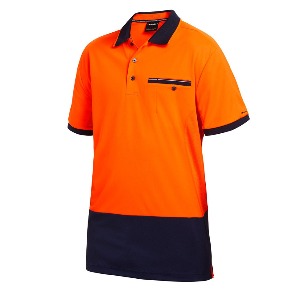 orange and navy spliced polo on white background