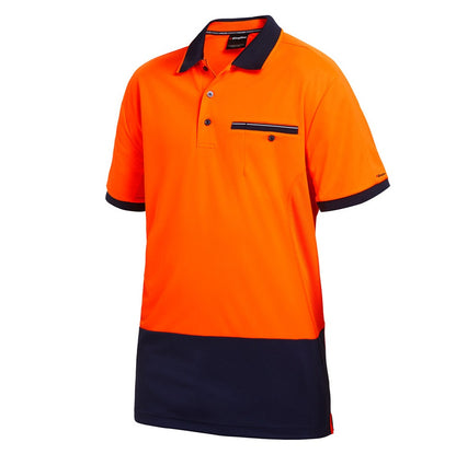 orange and navy spliced polo on white background