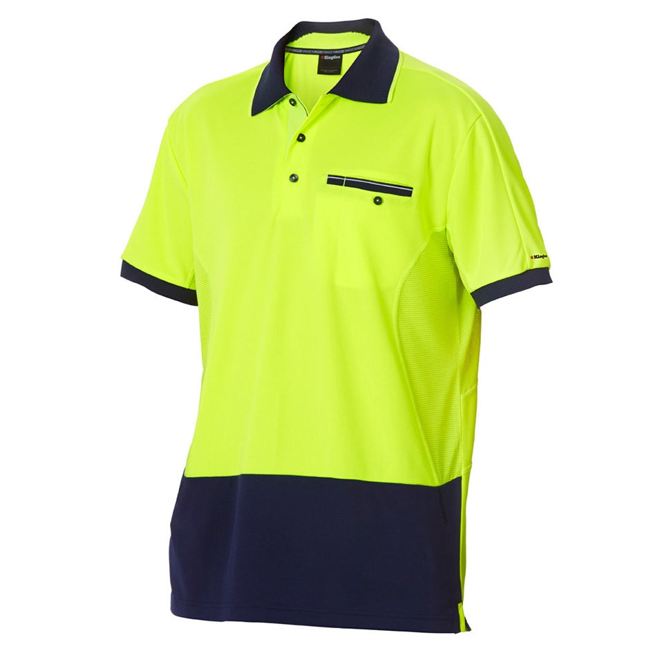 KingGee K54845 Workcool HiVis Spliced Polo Short Sleeve - Yellow/Navy - Front View
