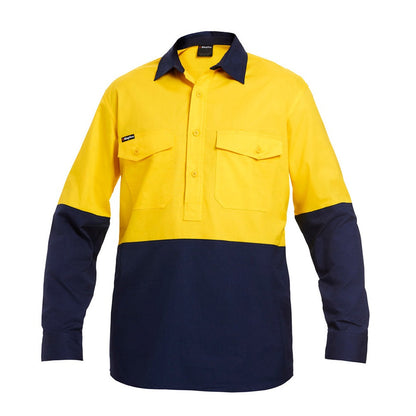 Yellow and navy work shirt on a white background