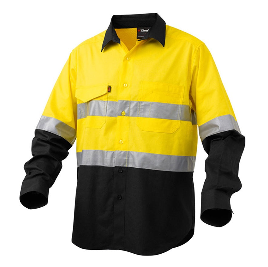 KingGee K54880 Workcool 2 HiVis Reflective Spliced Long Sleeve Shirt - Yellow/Navy - Product View