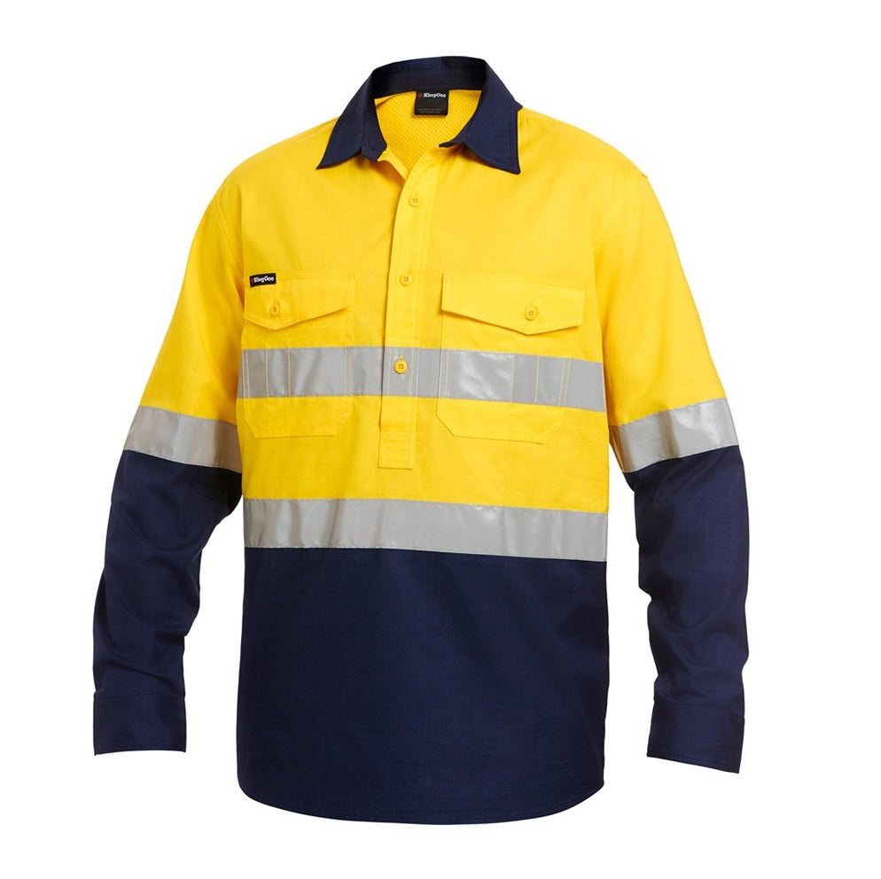 KingGee K54886 Workcool 2 HiVis Reflective Spliced Closed Front Long Sleeve Shirt - Yellow/Navy - Front View