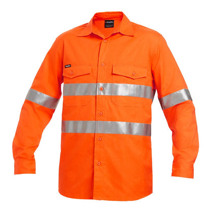 Orange work shirt with reflective stripes on a white background
