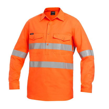 Orange work shirt with reflective stripes on a white background