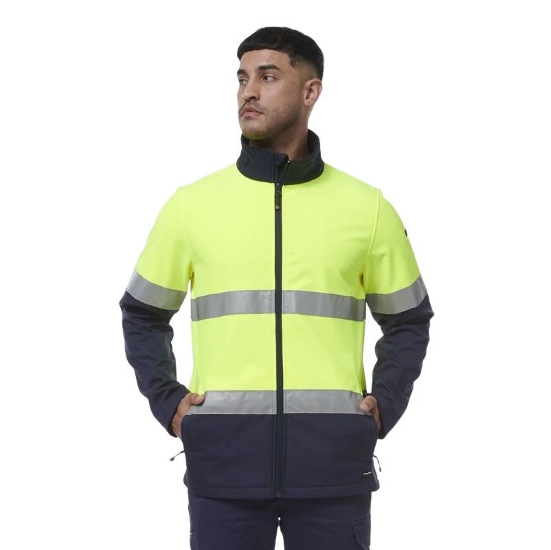 Man wearing a high-visibility jacket with reflective stripes on a white background