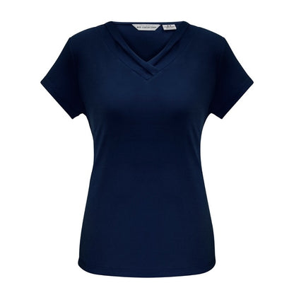 womens navy professional summer short sleeve corporate stylish everyday Biz Collection K819LS Lana Ladies V-Neck Short Sleeve Top