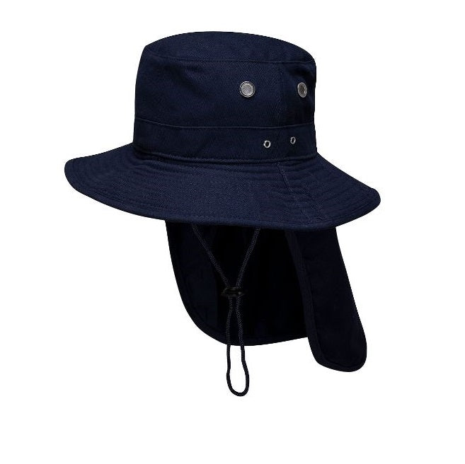 Portwest MC601 Wide Brim Hat With Flap - Navy - Angled Front View with Neck Flap