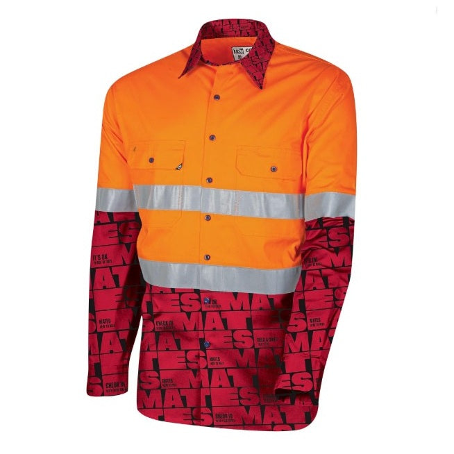 Mens orange and red with reflective tape durable Tru Workwear MGS2000T3 MATES Vented Hi-Vis Drill Shirt with Reflective Tape