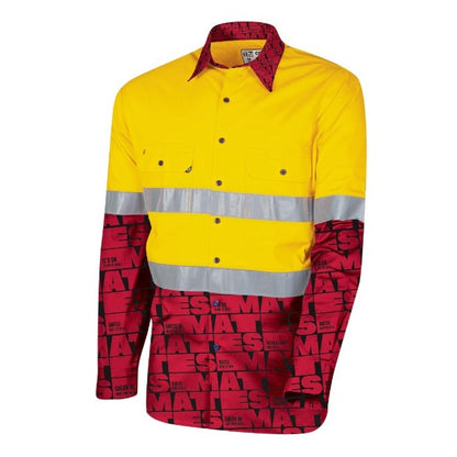 Mens yellow and red double hoop reflective tape Static control fabric Tru Workwear MGS2000T3 MATES Vented Hi-Vis Drill Shirt with Reflective Tape
