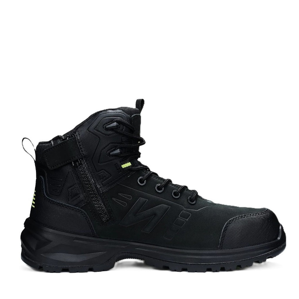 Black ankle boot with a strap on a white background