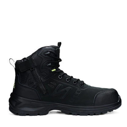 Black ankle boot with a strap on a white background