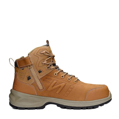 Tan work boot with black sole on a white background
