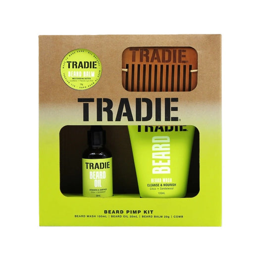TRADIE beard care kit with bottle, balm, and comb in packaging