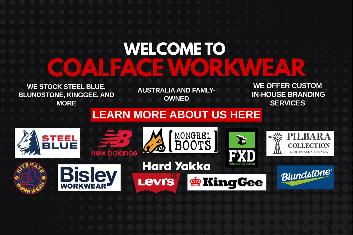 A promotional graphic for Coalface Workwear featuring a black background with red and white text, plus a row of partner brand logos including Steel Blue, New Balance, Mongrel Boots, FXD, Bisley Workwear, Hard Yakka, Levi's, KingGee, and Blundstone.