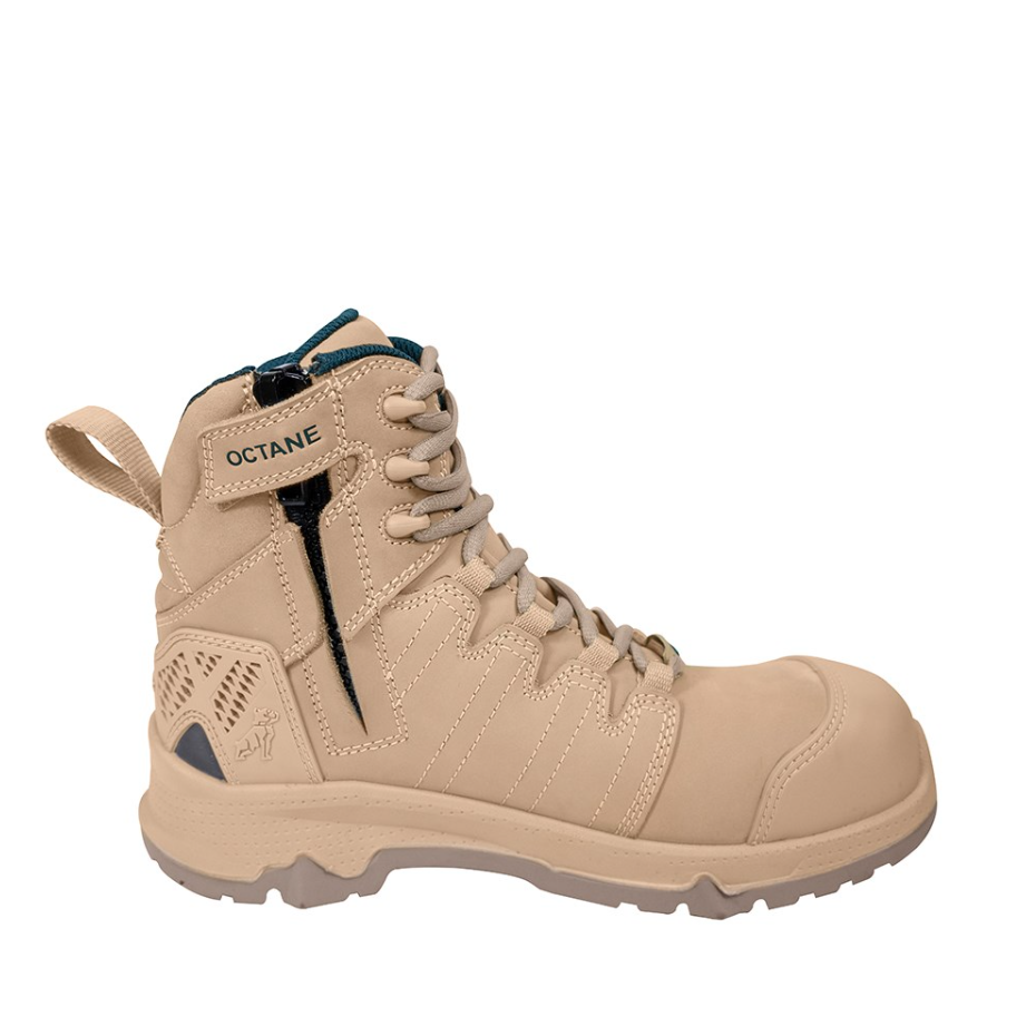 womens Sand beige coloured zip sided, slip resistant, heat resistant, tradie Mack MKOCTAL2Z Ladies Octane Zip 2.0 Safety Boots, side zip profile