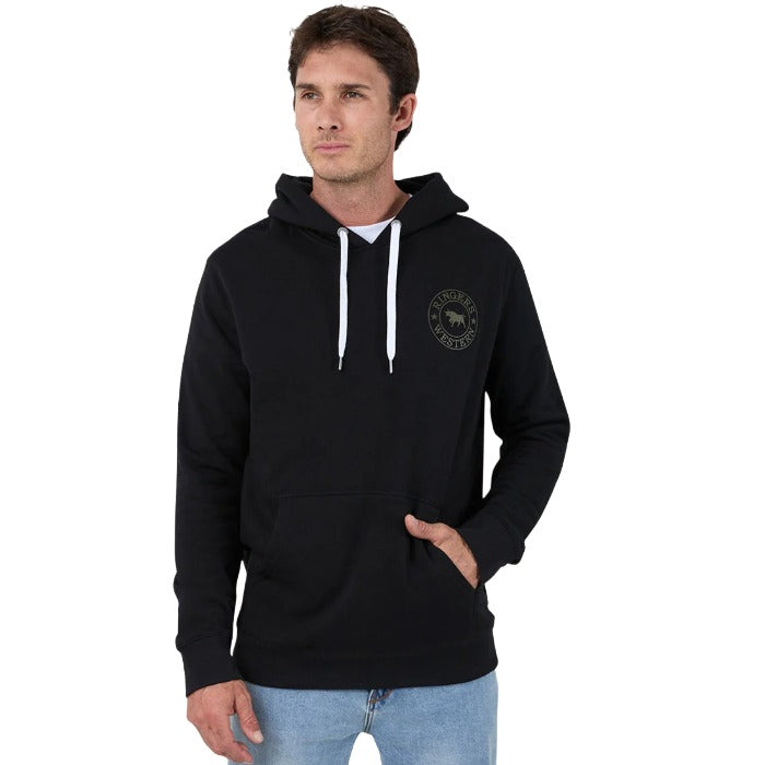 Ringers Western Signature Bull Mens Pullover Hoodie Black and White Colour - Front View