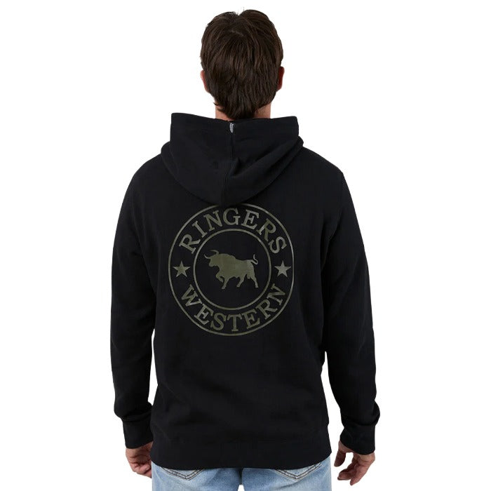 Ringers Western Signature Bull Mens Pullover Hoodie Black Military Green Colour - Back View