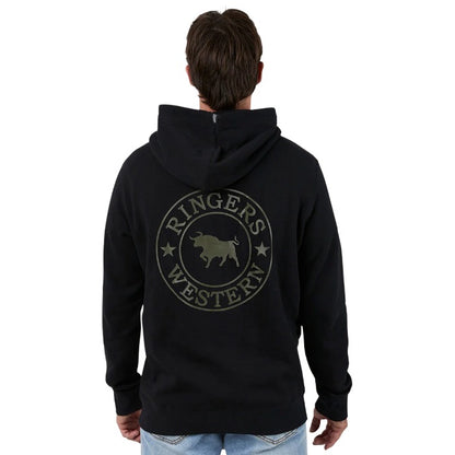 Ringers Western Signature Bull Mens Pullover Hoodie Black Military Green Colour - Back View