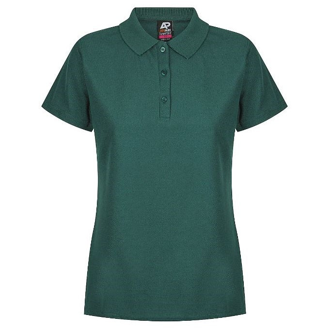 A bottle green Aussie Pacific Hunter N2312 ladies polo shirt with short sleeves, collar, and buttons - Front view