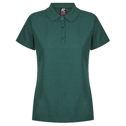 A bottle green Aussie Pacific Hunter N2312 ladies polo shirt with short sleeves, collar, and buttons - Front view