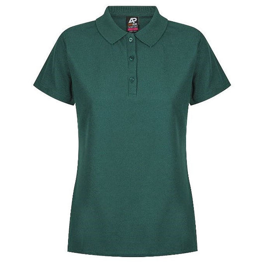 A bottle green Aussie Pacific Hunter N2312 ladies polo shirt with short sleeves, collar, and buttons - Front view