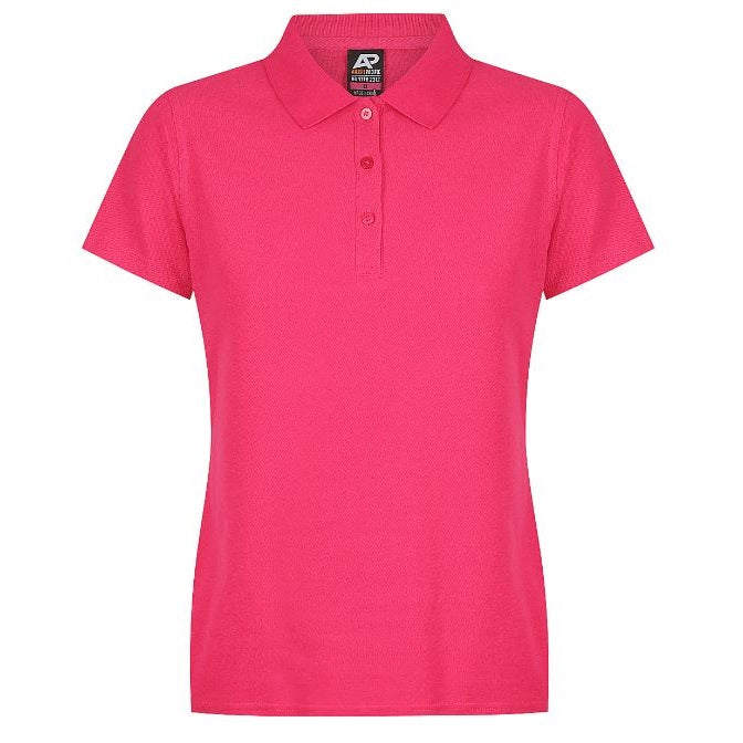 A pink fuschia coloured Aussie Pacific N2312 Hunter ladies polo shirt with a collar, short sleeves, and a front button placket.