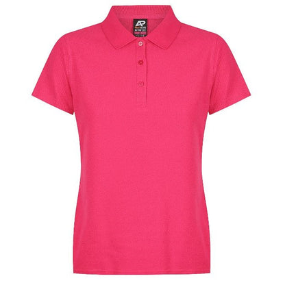 A pink fuschia coloured Aussie Pacific N2312 Hunter ladies polo shirt with a collar, short sleeves, and a front button placket.