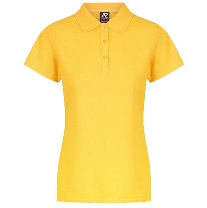A yellow- gold Aussie Pacific Hunter N2312 ladies polo shirt with short sleeves, collar, and button-up neck.