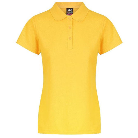 A yellow- gold Aussie Pacific Hunter N2312 ladies polo shirt with short sleeves, collar, and button-up neck.