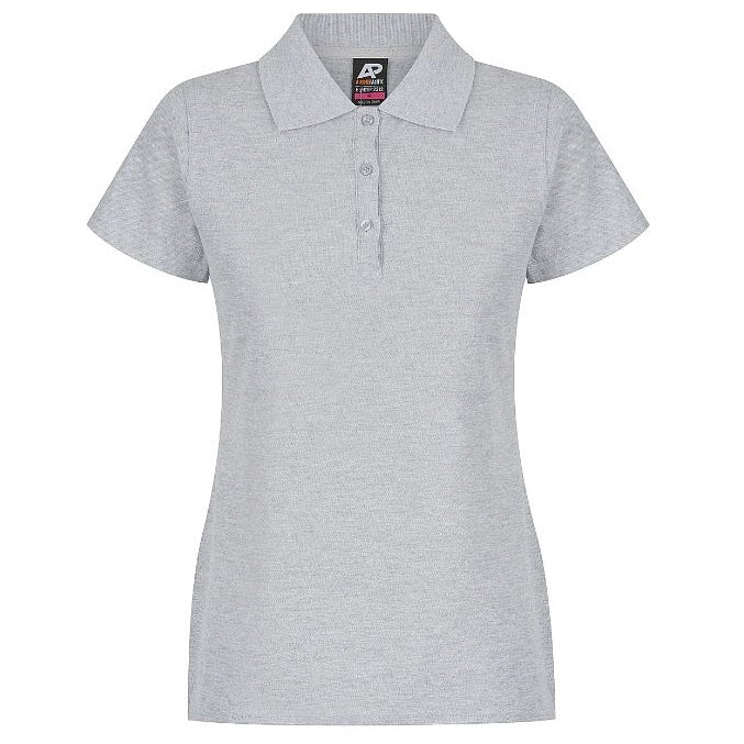 A grey marle women's polo shirt with a collar, short sleeves, and buttons at the neck Aussie Pacific N2312 Hunter Ladies Polo Grey Marle - Front view