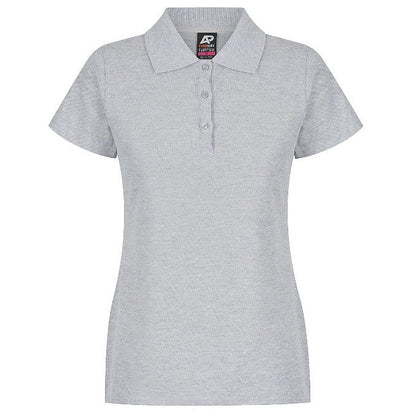 A grey marle women's polo shirt with a collar, short sleeves, and buttons at the neck Aussie Pacific N2312 Hunter Ladies Polo Grey Marle - Front view