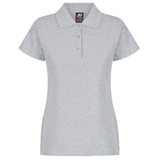 A grey marle women's polo shirt with a collar, short sleeves, and buttons at the neck Aussie Pacific N2312 Hunter Ladies Polo Grey Marle - Front view