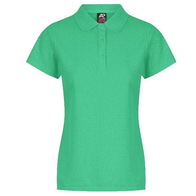 A Kelly Green Aussie Pacific N2312 Hunter Ladies Polo with short sleeves and a collar 