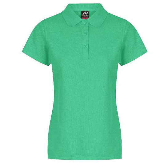 A Kelly Green Aussie Pacific N2312 Hunter Ladies Polo with short sleeves and a collar 