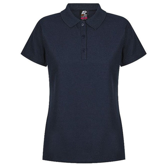 Navy coloured Aussie Pacific N2312 Hunter ladies polo shirt with short sleeves, collar, and buttons at the neck - Front view