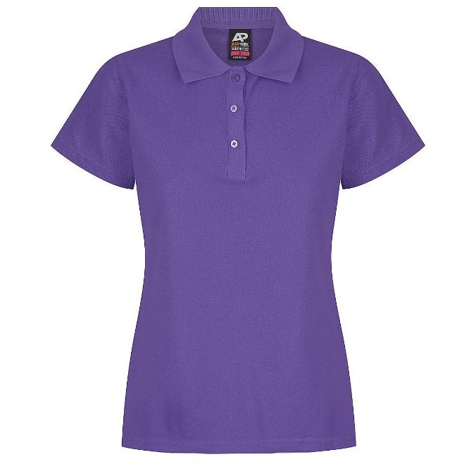 A purple Aussie Pacific N2312 Hunter ladies polo shirt with short sleeves, a collar, and buttons at the neck. - Front