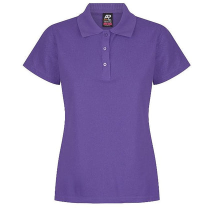 A purple Aussie Pacific N2312 Hunter ladies polo shirt with short sleeves, a collar, and buttons at the neck. - Front