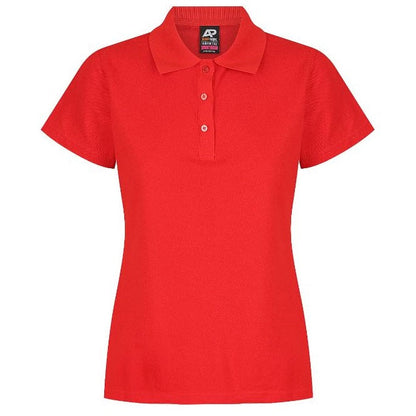 A red Aussie Pacific N2312 Hunter ladies polo shirt with a collar, short sleeves, and button-up neck - Front
